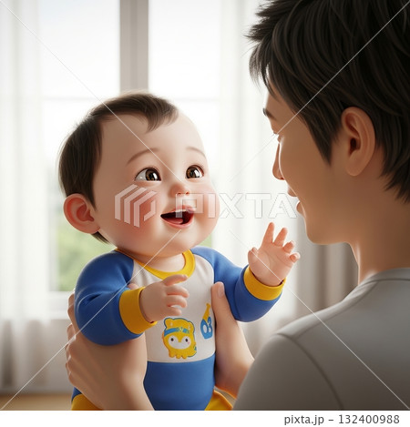 元気な赤ちゃんと優しいお父さん 132400988