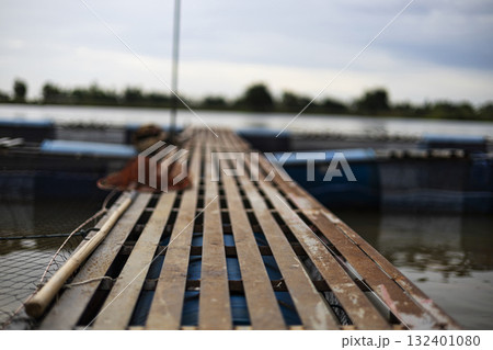 Walkway On Fish Cage By The Riverside, A sturdy walkway stretches over fish cages by the riverside, water shimmering below, perfect for a rustic photo or a vibrant visual display. Walkway On Fish Cage By The Riverside, A sturdy walkway stretches over fish cages by the riverside, water shimmering below, perfect for a rustic photo or a vibrant visual display. 132401080