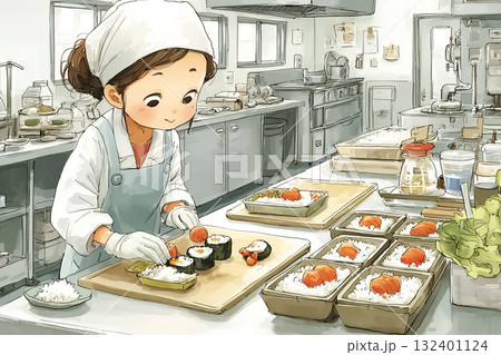 美優シリーズ：食品加工工場でお弁当を作る若い女性 132401124