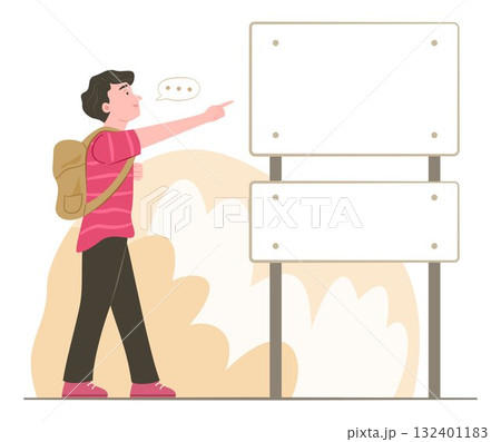Young Tourist Man Pointing the Blank Sign Board on Roadside for Copy Space Concept Illustration Young Tourist Man Pointing the Blank Sign Board on Roadside for Copy Space Concept Illustration 132401183