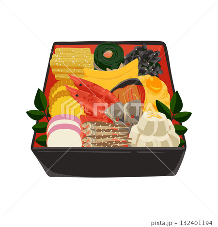 おせち　一段重　水彩風手描きベクターイラスト 132401194