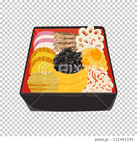 おせち　一の重（かまぼこ・黒豆・栗きんとん他）　水彩風手描きベクターイラスト 132401195