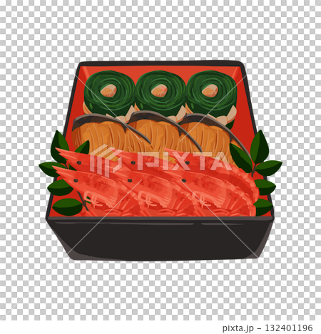 Osechi (New Year's meal) - Second layer (shrimp, yellowtail, kelp rolls) - Watercolor style hand-drawn vector illustration 132401196