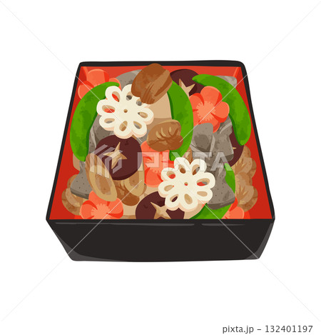 おせち　三の重（筑前煮）　水彩風手描きベクターイラスト 132401197