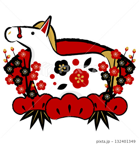 午年年賀アイコン09、赤黒カラー、扇、白馬、イラスト、かわいい 午年年賀アイコン09、赤黒カラー、扇、白馬、イラスト、かわいい 132401349