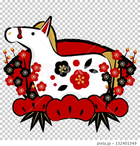 午年年賀アイコン09、赤黒カラー、扇、白馬、イラスト、かわいい 午年年賀アイコン09、赤黒カラー、扇、白馬、イラスト、かわいい 132401349