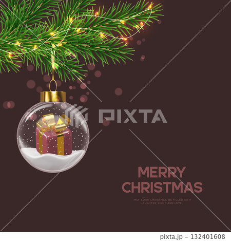 Merry Christmas greeting card with hanging glass bauble containing golden gift box, pine branches and glowing lights on dark background. Elegant festive winter design. Vector illustration. 132401608