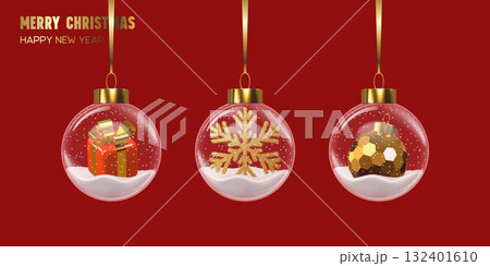 Merry Christmas and Happy New Year greeting card with glass baubles featuring gift box, glitter snowflake and Christmas ball on red background. Elegant festive decoration. Vector illustration. 132401610
