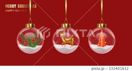 Merry Christmas and Happy New Year greeting card with glass baubles featuring reindeer, pine branches, berries, and red tree on red background. Elegant festive decoration. Vector illustration. 132401612