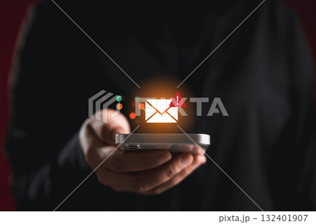 Businesswoman check smartphone inbox, receives warning notification about potential cybersecurity breach, concept of spam email detection, error checking, data protection in modern business technology 132401907