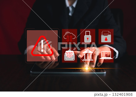 Cyber security warning alert system concept. computer network compromised illegal connection, exposing data, software, such virus, facilitate hack commit cyber crime steals sensitive information. Cyber security warning alert system concept. computer network compromised illegal connection, exposing data, software, such virus, facilitate hack commit cyber crime steals sensitive information. 132401908