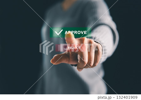 Businesswoman ticking correct mark to approve project, management concept examination, survey, technology ensure business certification standard, successfully passes inspection approved and accepted. 132401909