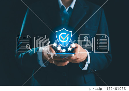 Quality assurance, certification concept emphasizes five-star service, compliance document, verified standard supporting perfect branding, trust building, product credibility, delivering top service Quality assurance, certification concept emphasizes five-star service, compliance document, verified standard supporting perfect branding, trust building, product credibility, delivering top service 132401958