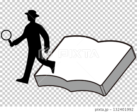 A detective from a story - A silhouette illustration of a man walking through the world of a book 132401992