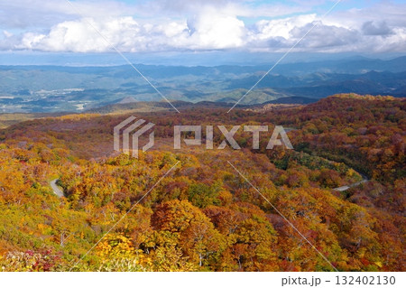 秋田県由利本荘市にある秡川キャンプ場付近から見る鳥海山中腹から麓までの秋の風景 132402130