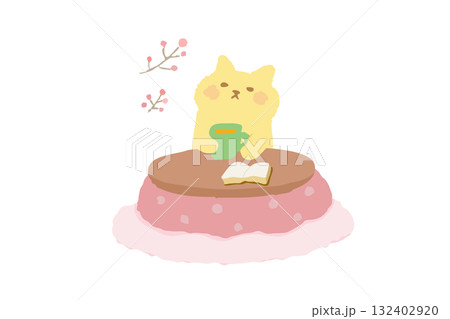 冬　こたつで温まるむかわいい猫の手描きイラスト素材 132402920