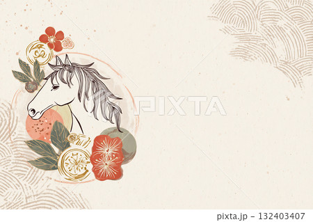 馬と花の和風イラスト 馬と花の和風イラスト 132403407