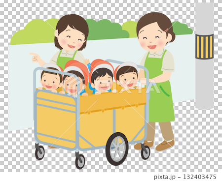 孩子和幼兒園老師搭乘童車前往附近的公園 132403475