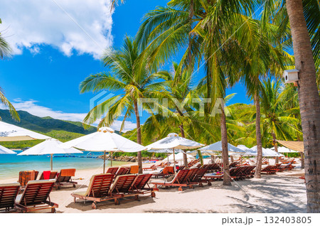 sun umbrellas and sun beds on sandy beach under palm trees at a luxury seaside resort in summer. Beach by sea on a tropical exotic island in Asia. Tourist holidays and travel. Summer vacation sun umbrellas and sun beds on sandy beach under palm trees at a luxury seaside resort in summer. Beach by sea on a tropical exotic island in Asia. Tourist holidays and travel. Summer vacation 132403805