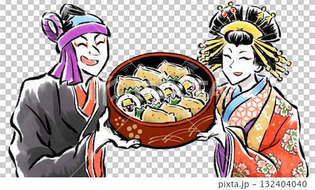 仲良く助六弁当を持つ助六と揚巻（歌舞伎） 132404040