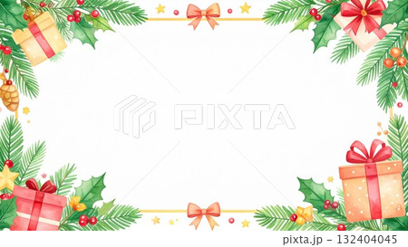 手描き風クリスマスフレーム 背景 16:9サイズ AI生成素材 132404045
