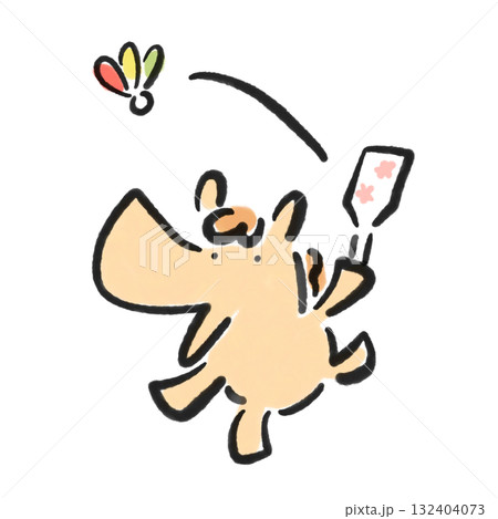 羽子板で羽根つきをして遊ぶ馬　正月素材　墨絵 132404073