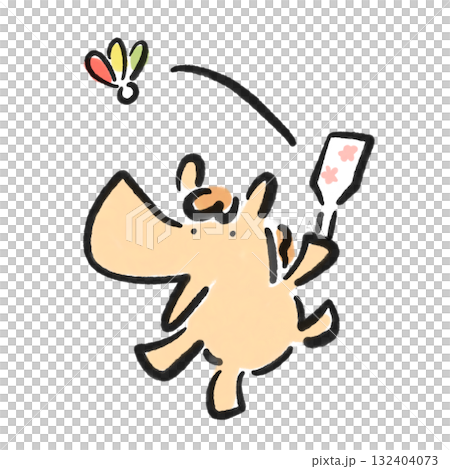 羽子板で羽根つきをして遊ぶ馬　正月素材　墨絵 132404073