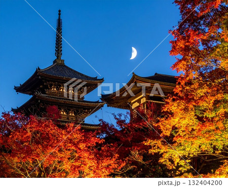 【AI生成画像】京都風　三重塔と秋の名月 132404200