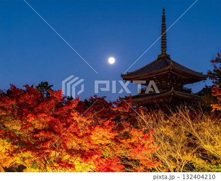 【AI生成画像】京都風 三重塔と秋の名月 【AI生成画像】京都風 三重塔と秋の名月 132404210