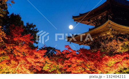 【AI生成画像】京都風　三重塔と秋の名月 132404211