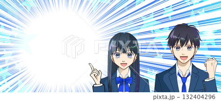 高校生または中学生の男女のアニメ風イラスト、星が輝く集中線コミック風背景 高校生または中学生の男女のアニメ風イラスト、星が輝く集中線コミック風背景 132404296