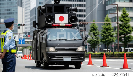 日の丸を掲げ街中を走る街宣車 日の丸を掲げ街中を走る街宣車 132404541