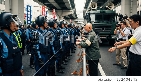街頭で警官隊と対峙する右翼幹部 街頭で警官隊と対峙する右翼幹部 132404545