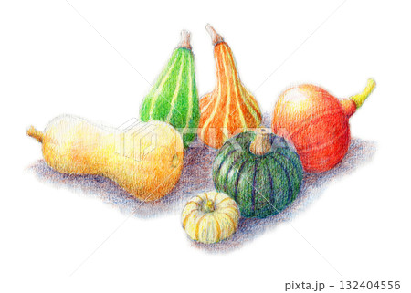 アナログ水彩色鉛筆画いろいろなかぼちゃ アナログ水彩色鉛筆画いろいろなかぼちゃ 132404556