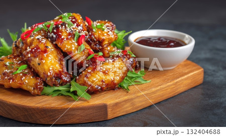 Spicy glazed chicken wings with sesame seeds, finely chopped green onions, and red chili, served with dipping sauce on a wooden board 132404688