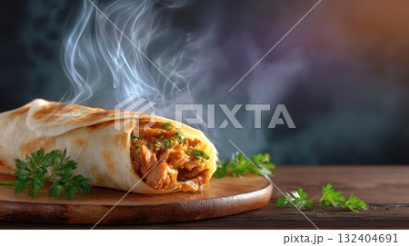steaming hot doner kebab wrap filled with meat and herbs, garnished with parsley, on a wooden board 132404691