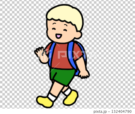 A blonde boy waving goodbye 132404790