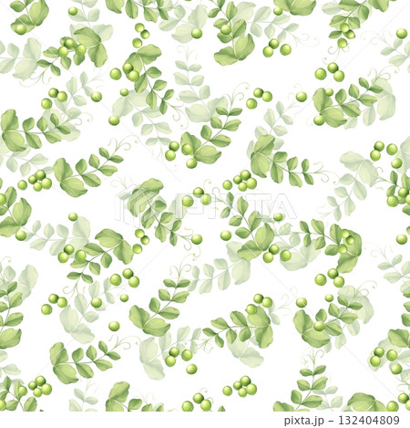 Hand-drawn illustration of a seamless pattern featuring scattered green peas alongside delicate green leaves and twining stems 132404809
