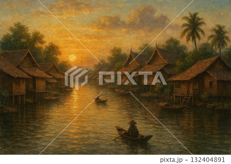 Thai Riverside Village Oil Painting 132404891