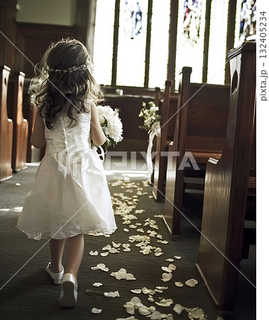 Young girl in a white dress walks down a aisle in a church Young girl in a white dress walks down a aisle in a church 132405234