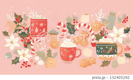 ホットチョコレートとクッキーのあたたかいクリスマスティータイム 132405292