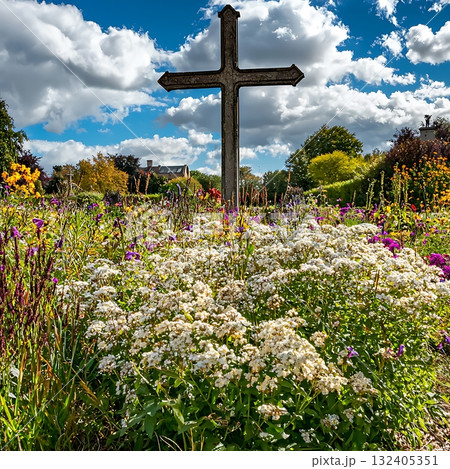 Large wooden cross is in the middle of a field of flowers Large wooden cross is in the middle of a field of flowers 132405351