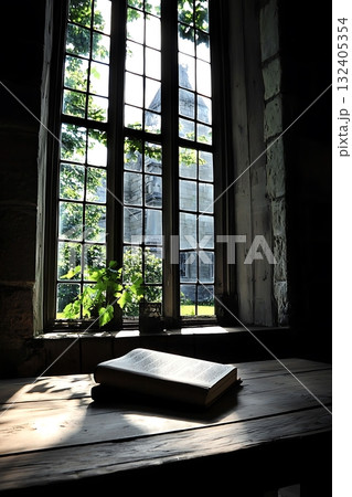 Book is sitting on a table next to a window Book is sitting on a table next to a window 132405354