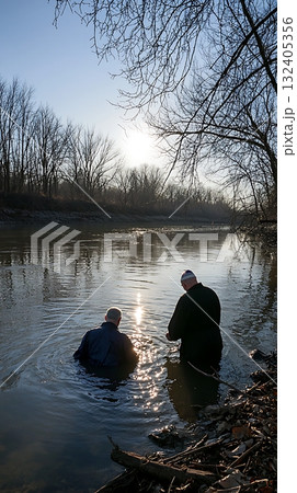 Two men are in the water, one of them is holding the other's hand Two men are in the water, one of them is holding the other's hand 132405356