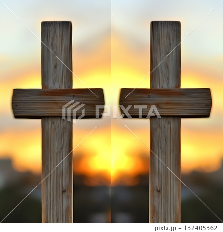 Two wooden crosses are shown in the sun, with the sun in the background 132405362