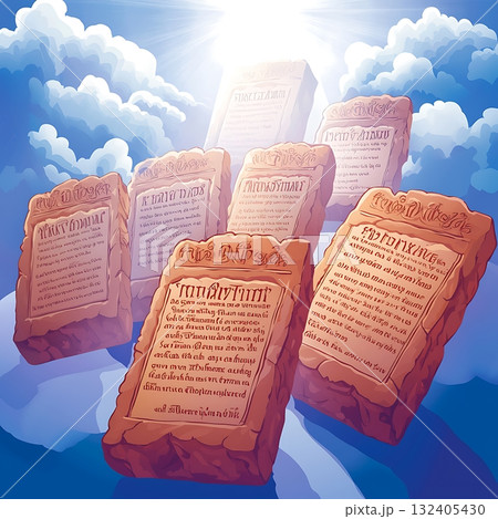 Group of six stone tablets, each with a different text, floating in the sky Group of six stone tablets, each with a different text, floating in the sky 132405430