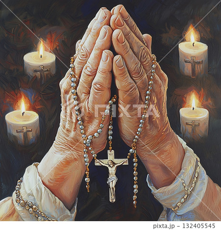 Painting of an older man holding a rosary and a crucifix Painting of an older man holding a rosary and a crucifix 132405545