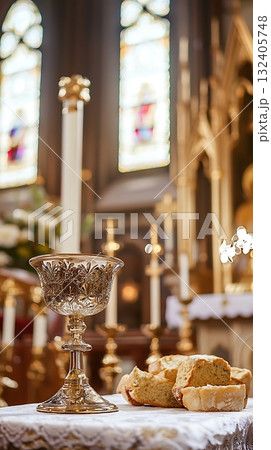 Glass cup with a candle in front of a window Glass cup with a candle in front of a window 132405748