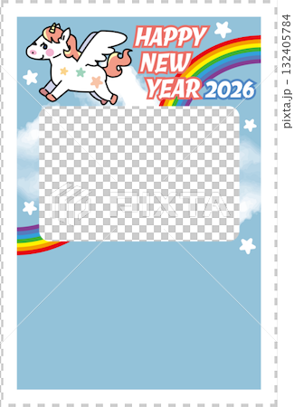 彩虹、獨角獸和天空相框新年賀卡插圖（十二生肖、幻想、充滿希望的新年設計） 132405784