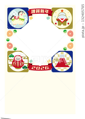 4つの窓に張り子の馬・鏡餅・達磨・富士山を描いたフォトフレーム年賀状イラスト（干支・和風・縁起物デザ 132405785